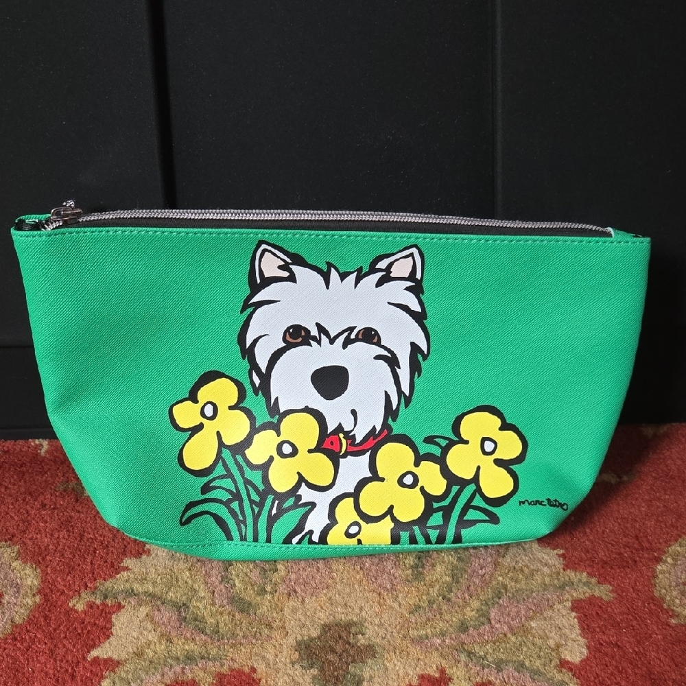 Marc Tetro Green Pouch Westie Dog and Yellow Daisy Flowers